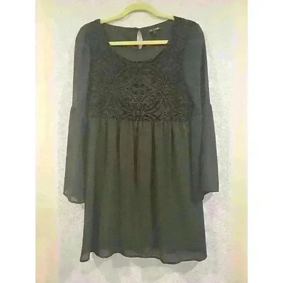 Womens As U Wish Dress Black Velvet Sheer Long Bell Sleeves Mini Lined Medium - Picture 1 of 5